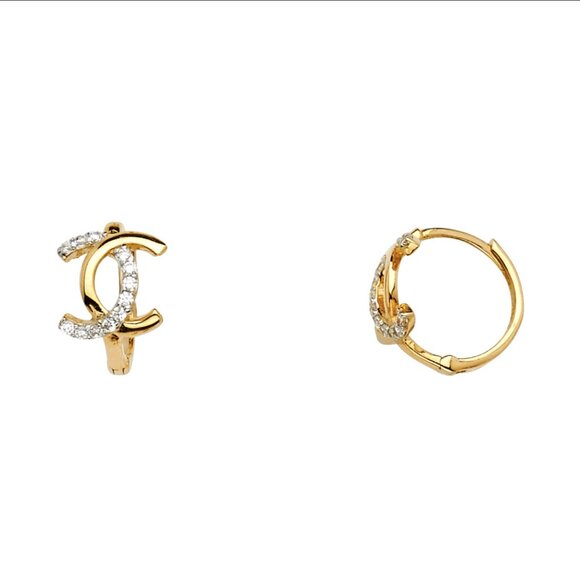 14KT Gold Crossed CC CZ Huggies Earrings